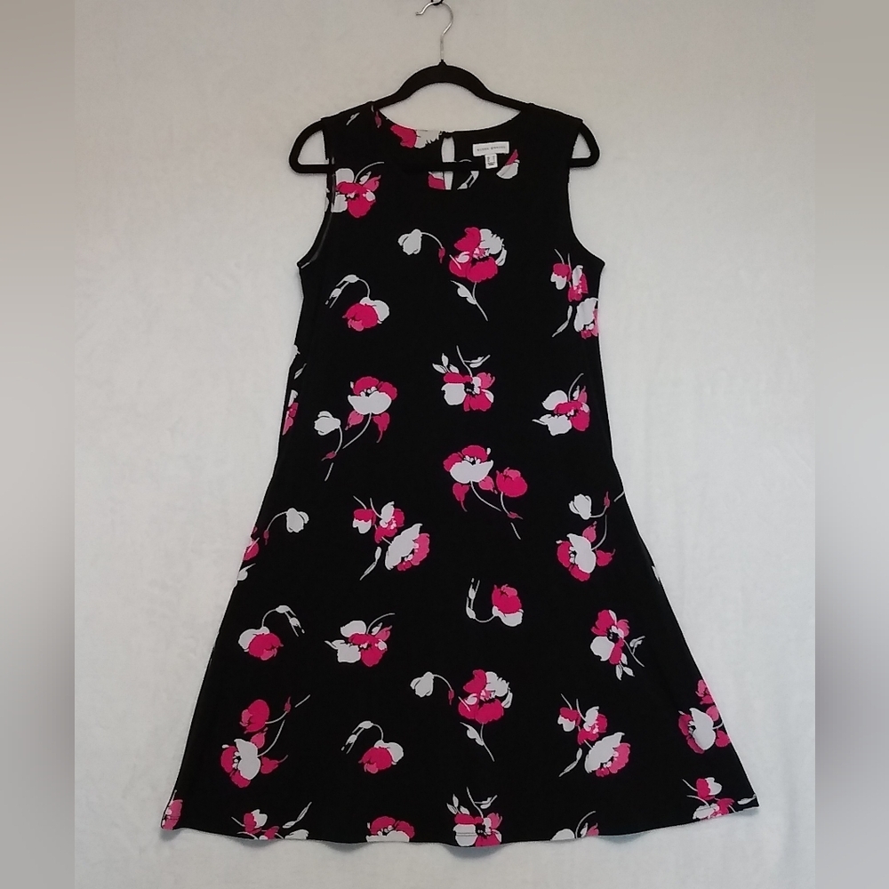Susan Graver Black With Pink & White Florals Sleeveless Dress Med.